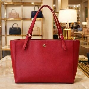 Tory Burch York Buckle Tote Bag Purse Handbag Red Kir Royale Leather Chic Luxury
